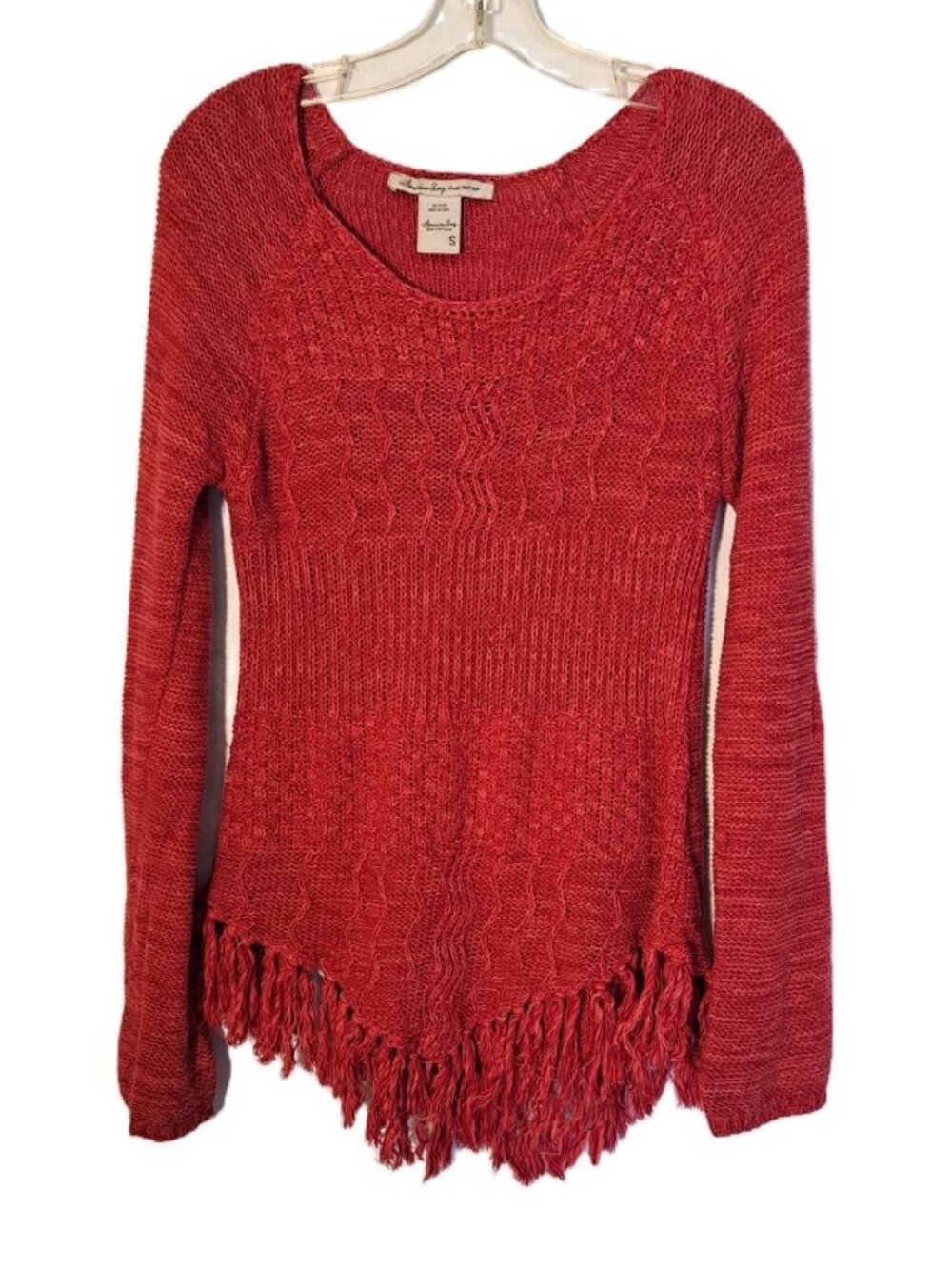 American Rag Fringe Cable Knit Sweater Women's S Red Boho Hippie Western Cotton